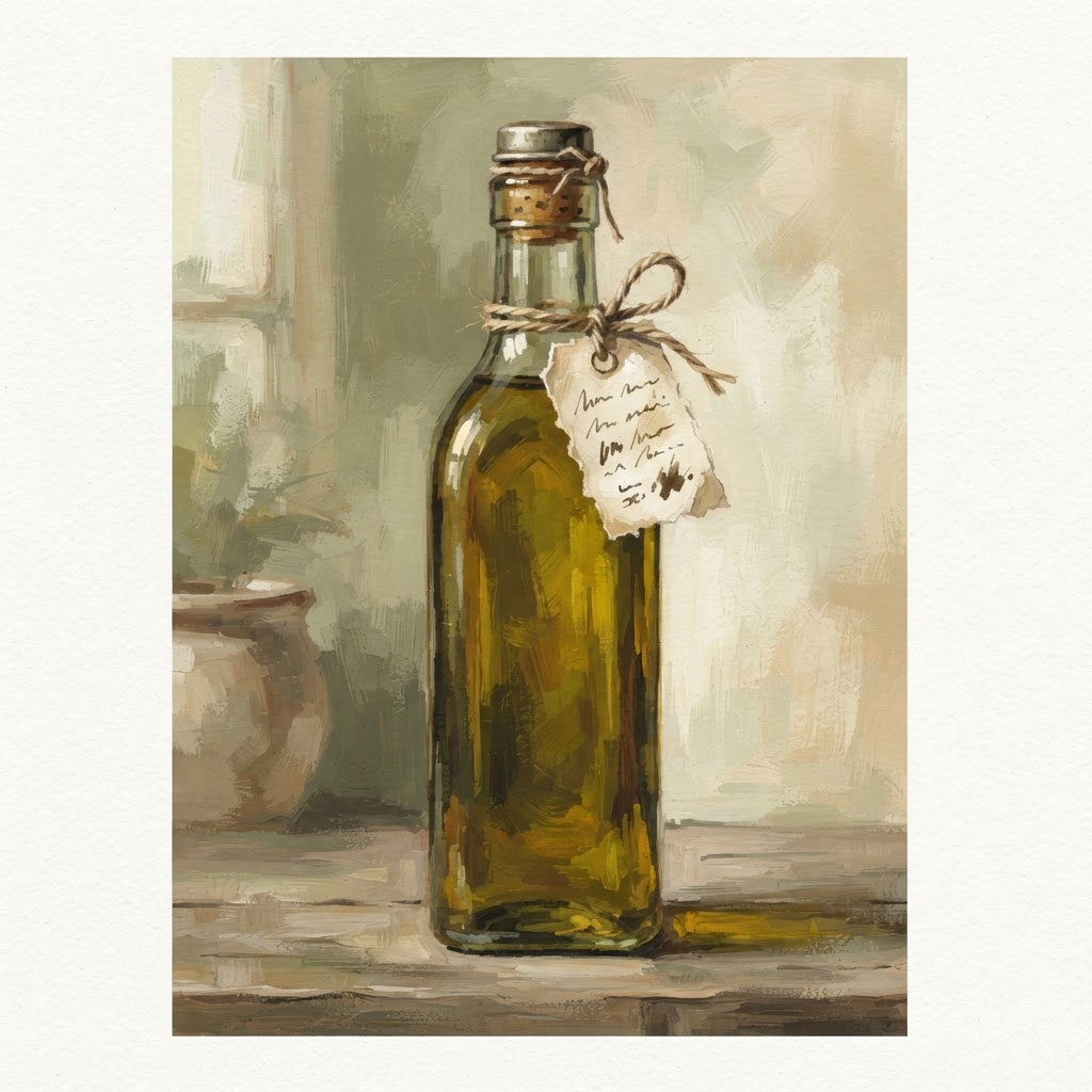 Illustration of a glass olive oil bottle with a small paper pressing note tied around its neck