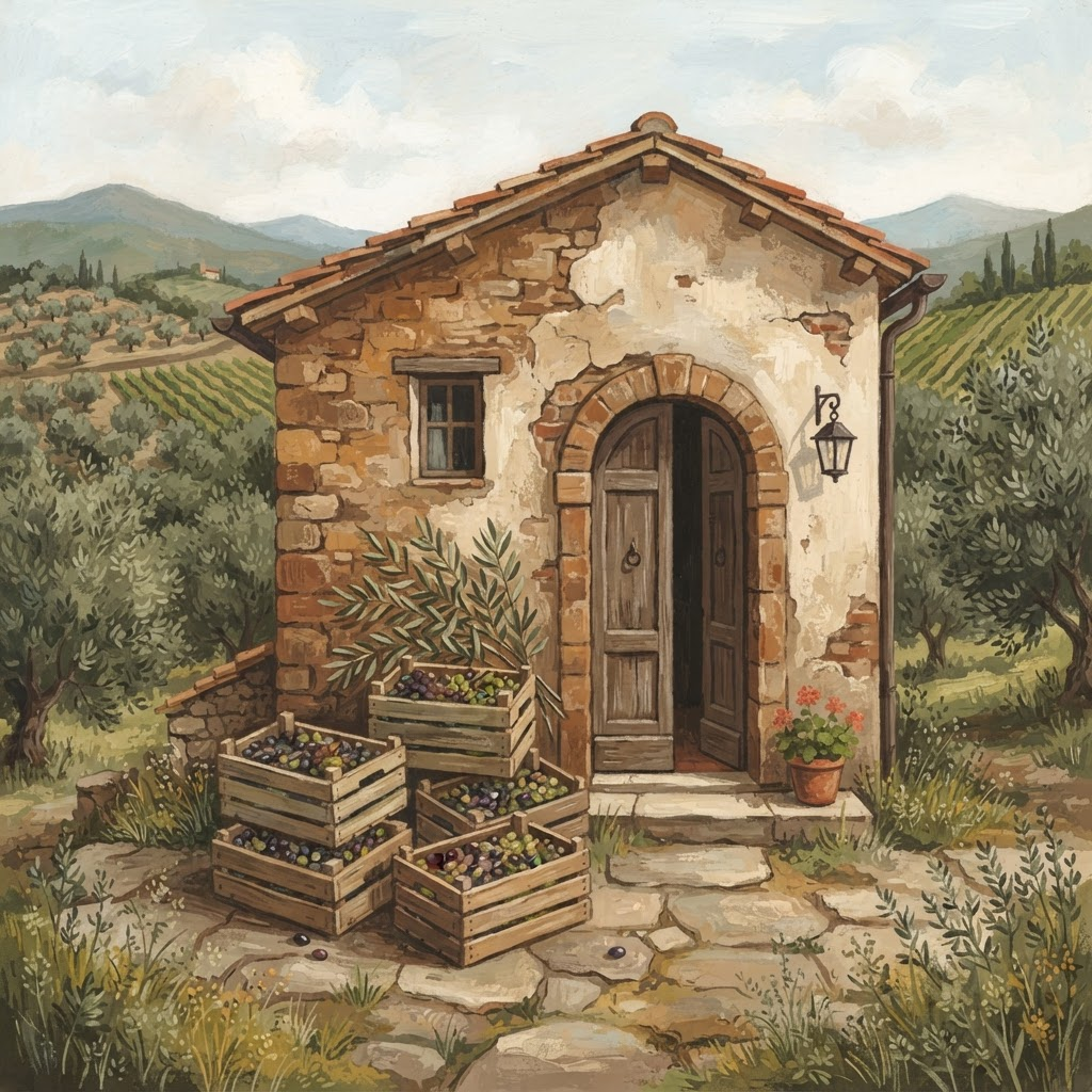 Illustrated view of the Frantoio Agostini stone mill in Le Marche, with crates of freshly picked olives outside